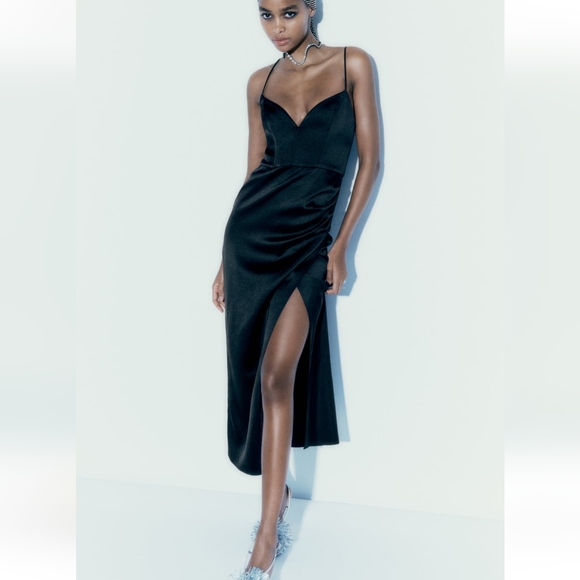 Zara * Satin Effect Slit Wrap Dress Black Size XS and S - Picture 4 of 12